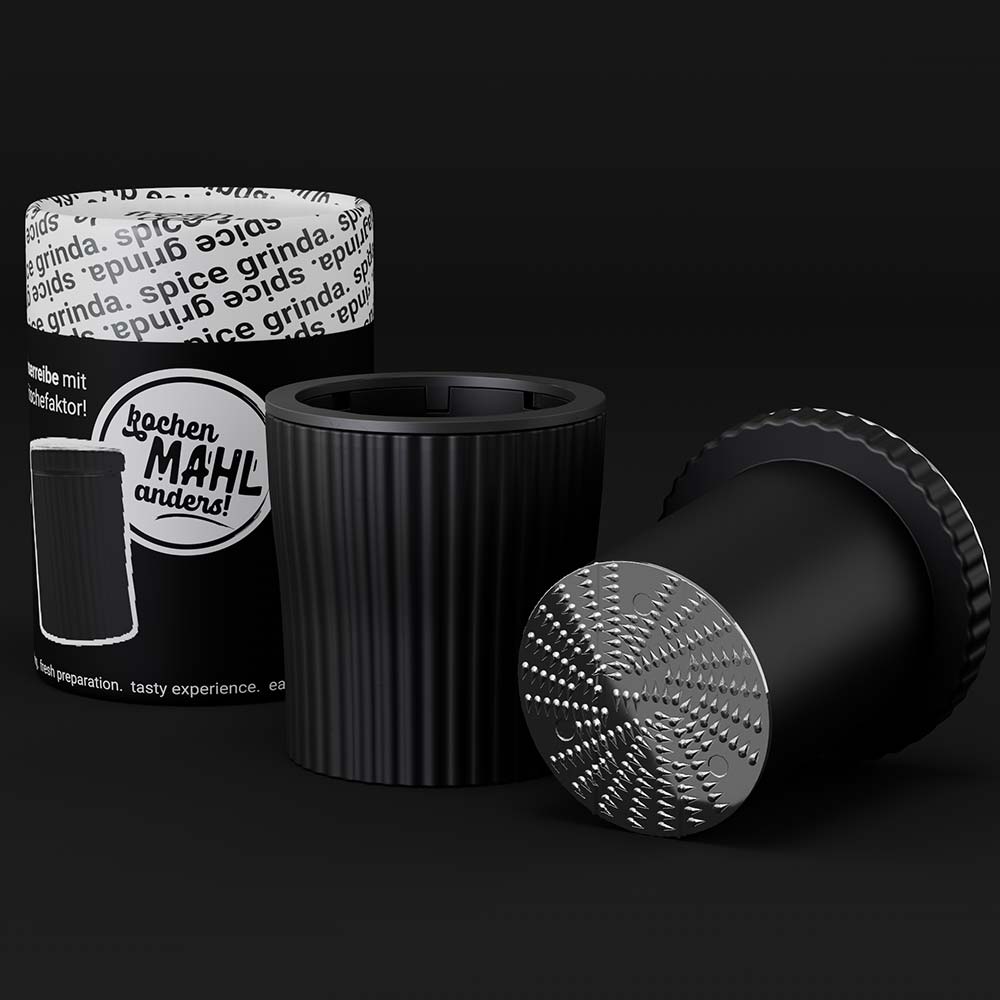 Mörserreibe schwarz mit eleganter Röhrenverpackung
